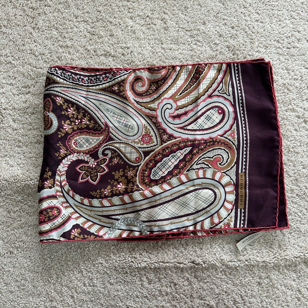 Burberry 100% Silk Paisley Scarf in Burgundy, Cream & Pink Pattern